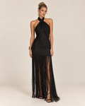 Vespera | vestido halter de flecos elegante