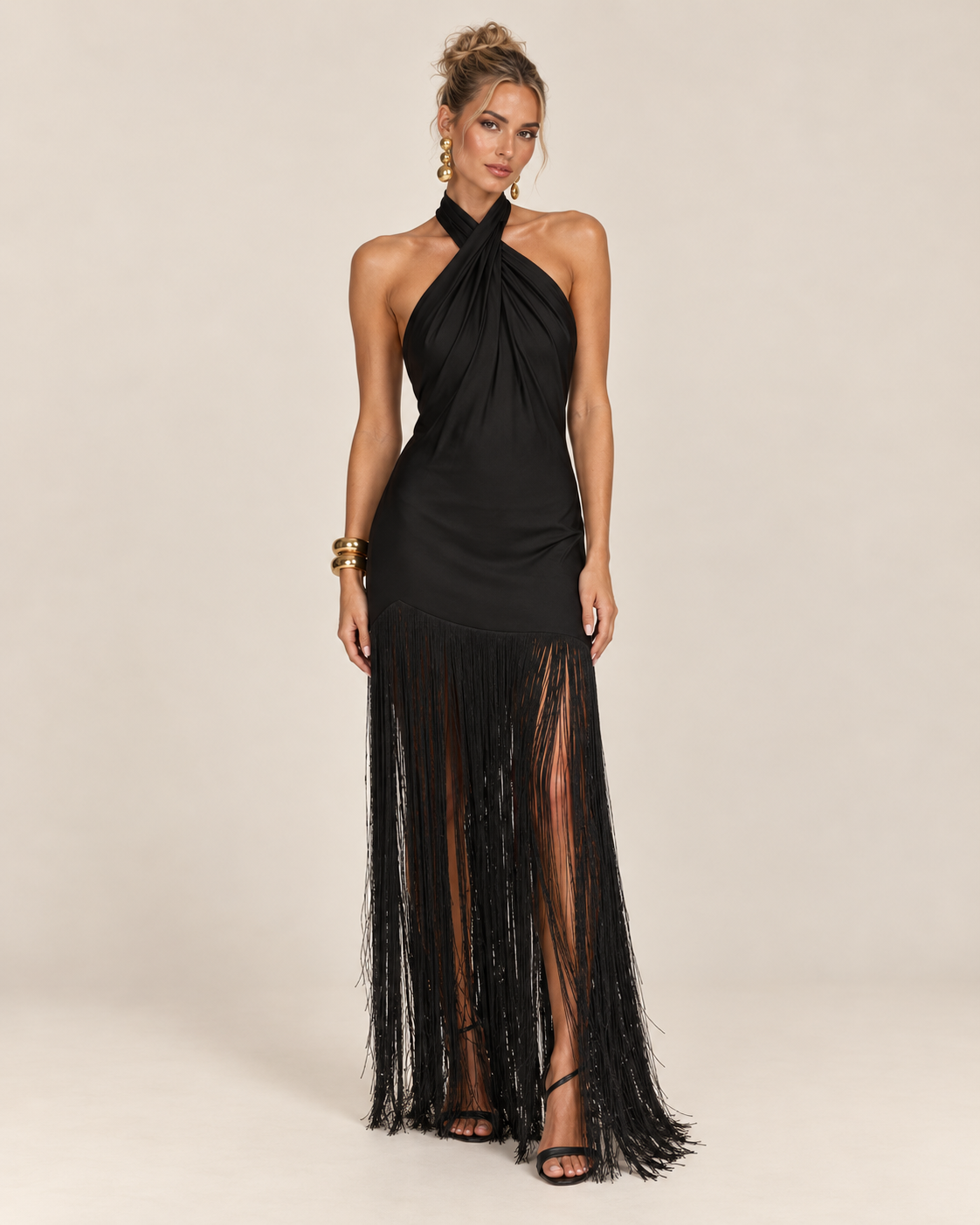 Vespera | vestido halter de flecos elegante